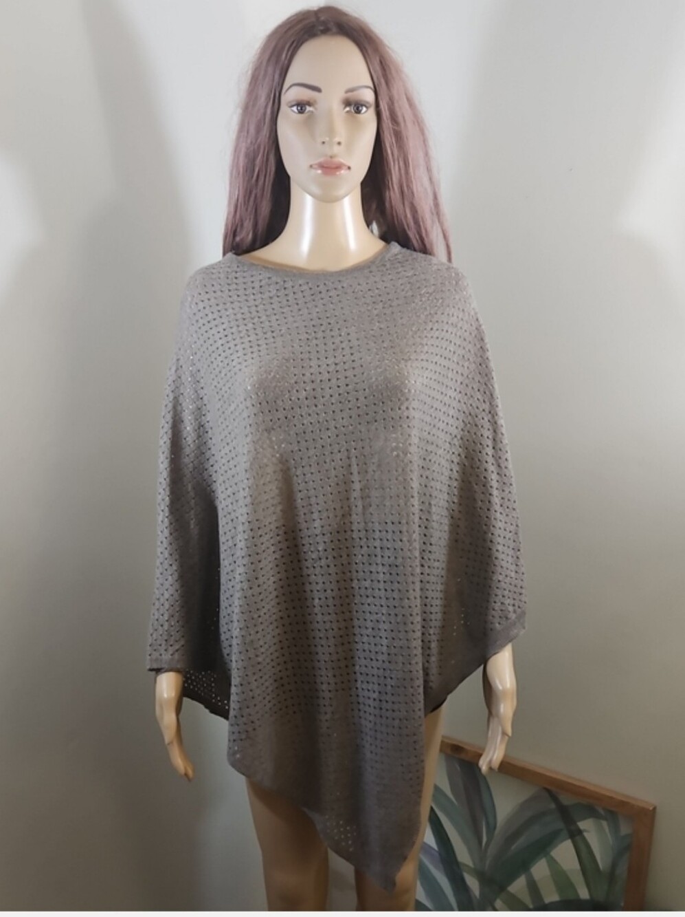 Pretty Persuasions Merino Woop Blend Taupe Open-Knit Poncho Sweater Lightweight